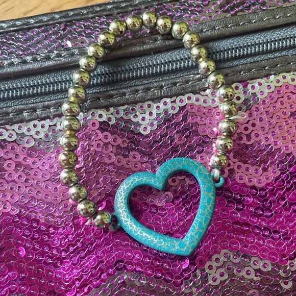 TURQUOISE AND GOLD BEADED HEART ELASTIC BRACELET - Picture 1 of 1
